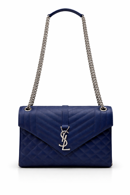Saint Laurent Envelope Mixed Matelassé Leather Medium Shoulder Bag Navy Blue