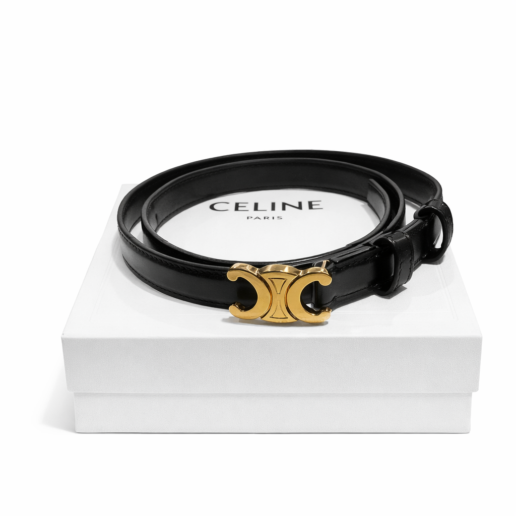Authentic Celine Paris Black Leather Belt Size 75cm Gold Triomphe Buckle