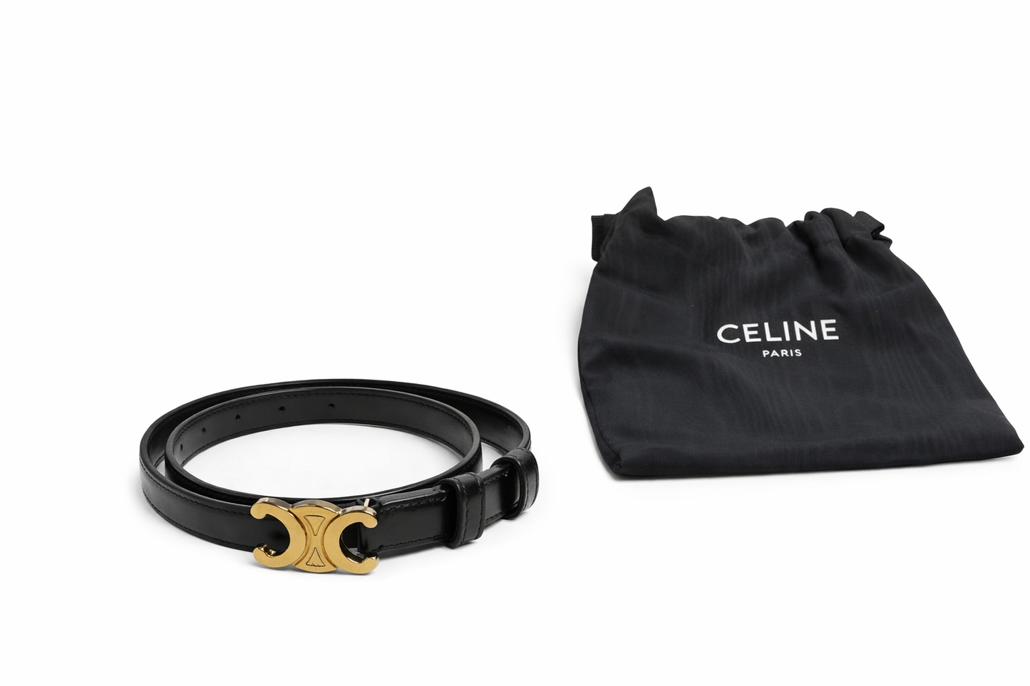 Authentic Celine Paris Black Leather Belt Size 75cm Gold Triomphe Buckle