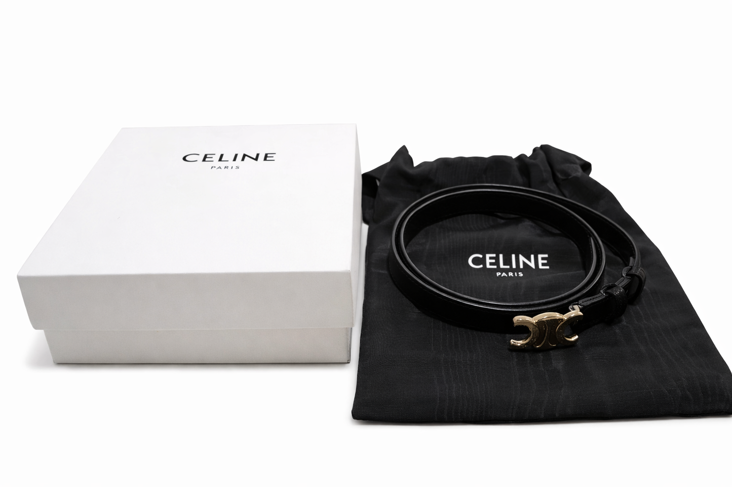 Authentic Celine Paris Black Leather Belt Size 75cm Gold Triomphe Buckle