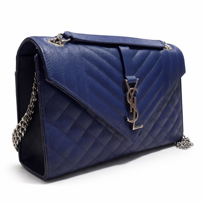 Saint Laurent Envelope Mixed Matelassé Leather Medium Shoulder Bag Navy Blue