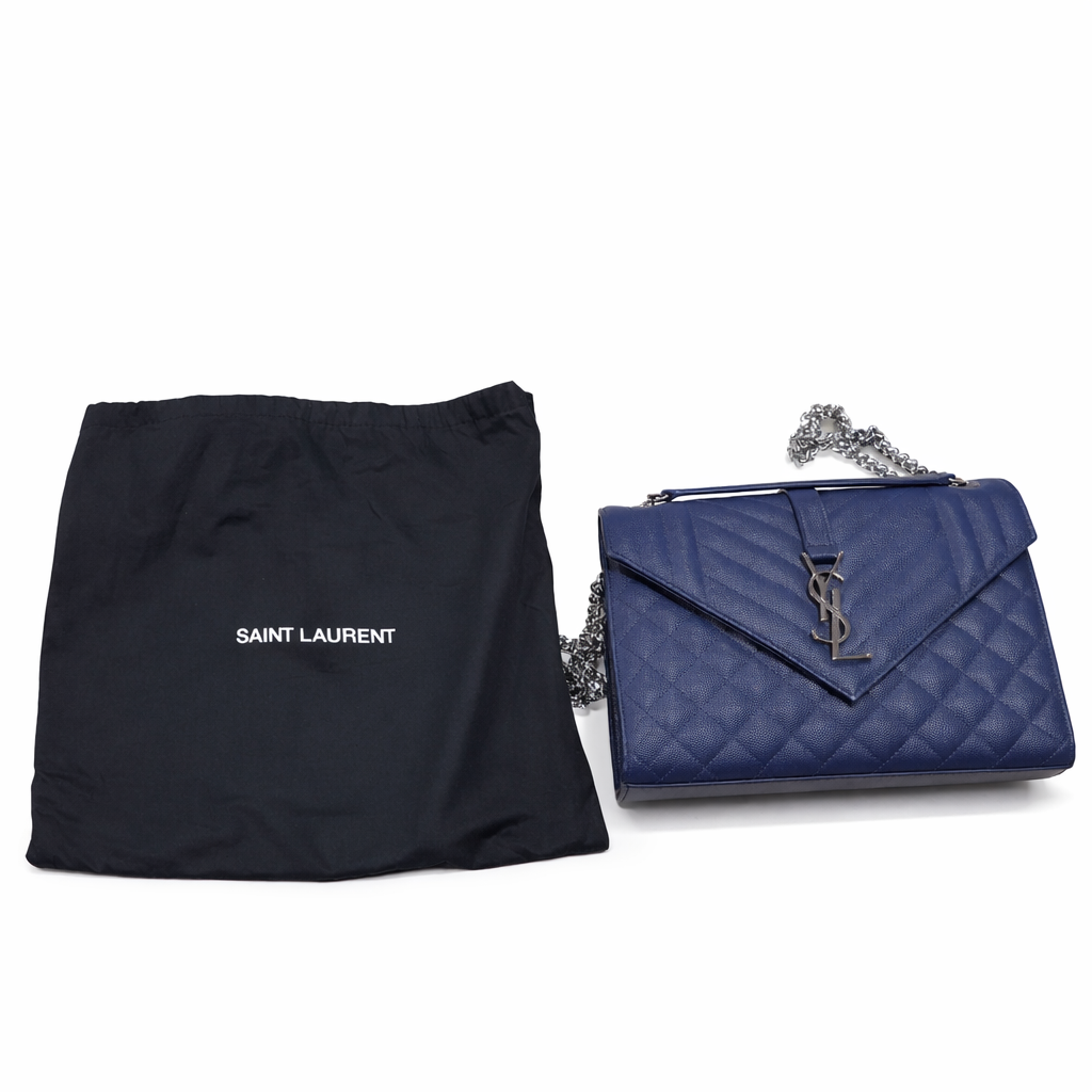 Saint Laurent Envelope Mixed Matelassé Leather Medium Shoulder Bag Navy Blue