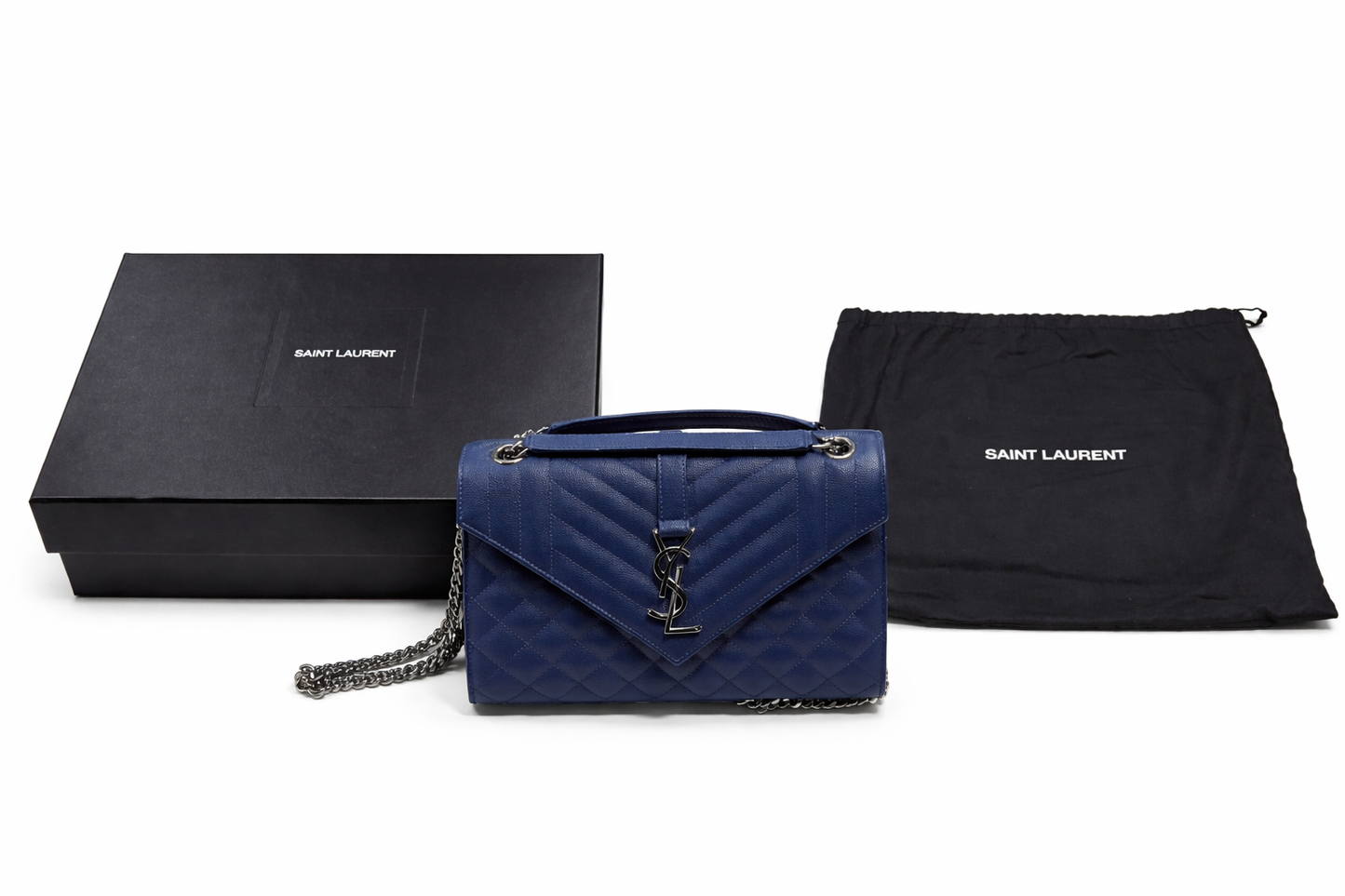 Saint Laurent Envelope Mixed Matelassé Leather Medium Shoulder Bag Navy Blue
