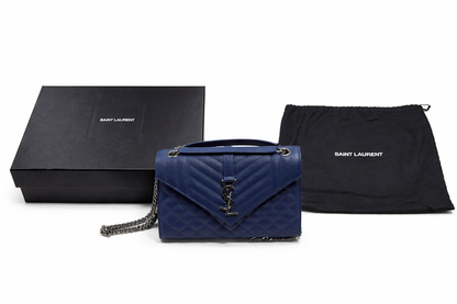 Saint Laurent Envelope Mixed Matelassé Leather Medium Shoulder Bag Navy Blue