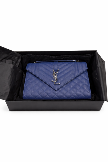 Saint Laurent Envelope Mixed Matelassé Leather Medium Shoulder Bag Navy Blue