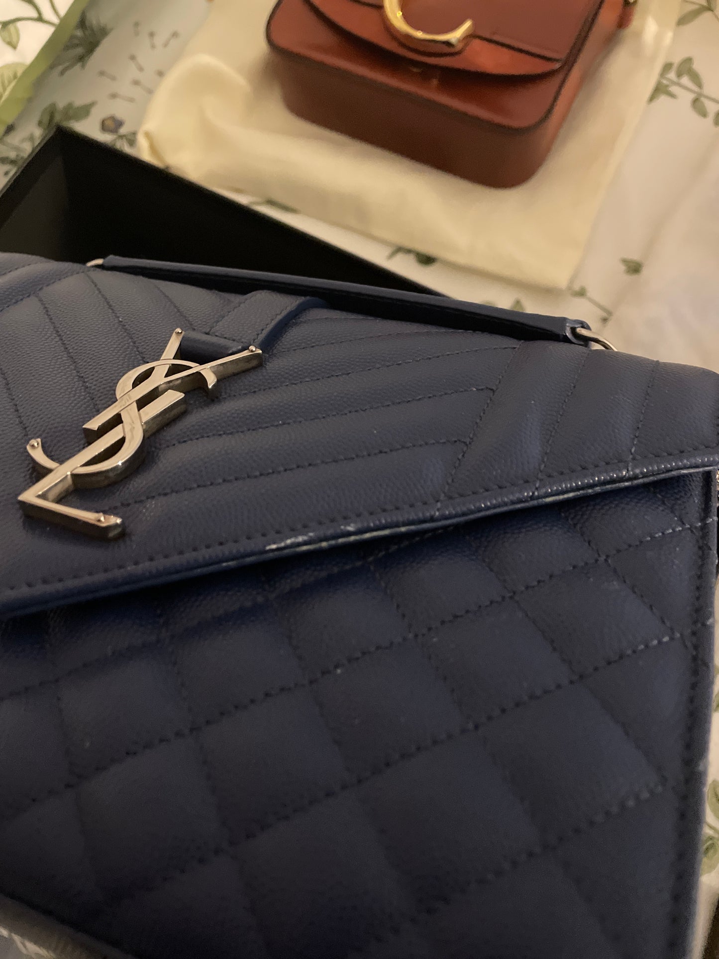 Saint Laurent Envelope Mixed Matelassé Leather Medium Shoulder Bag Navy Blue