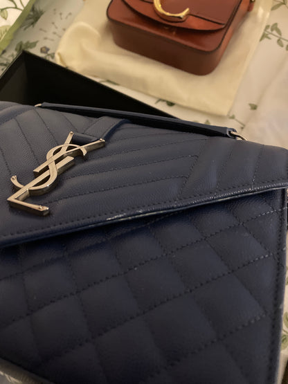Saint Laurent Envelope Mixed Matelassé Leather Medium Shoulder Bag Navy Blue